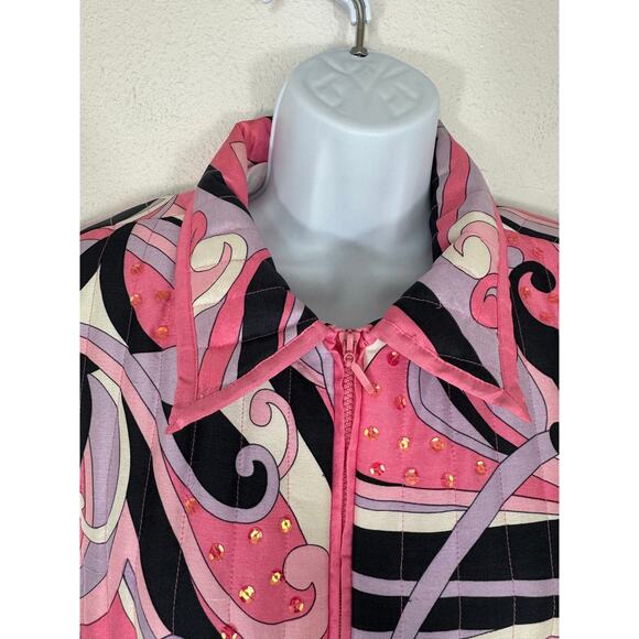 Anne Carson Silk Quilted Jacket Pink Abstract Print Sequin Detail Size L - Picture 4 of 8
